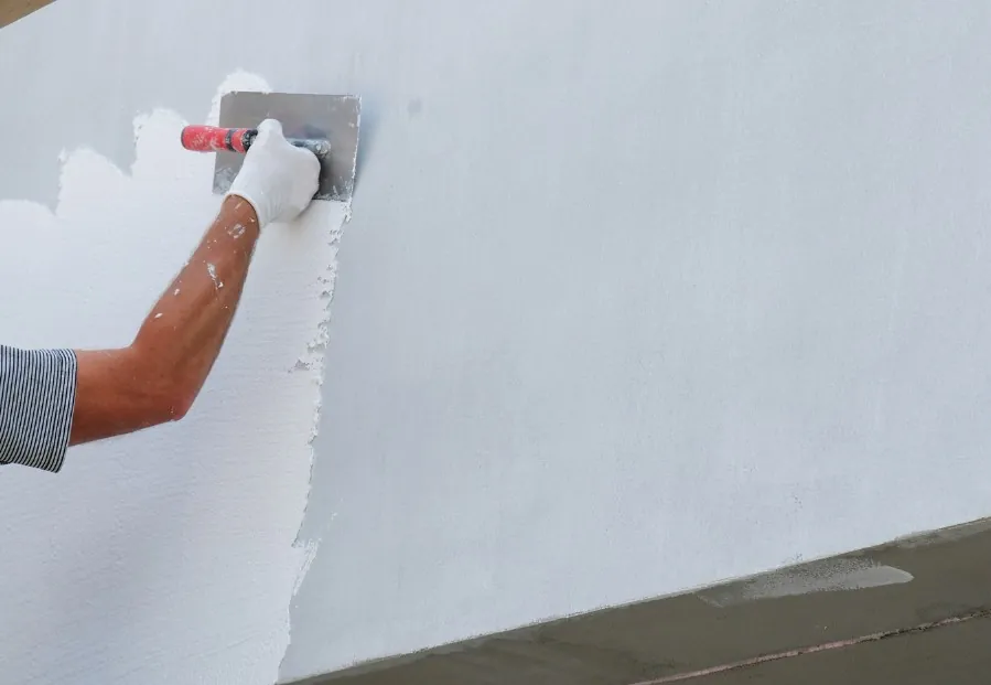 Albañil enfoscando la fachada de una vivienda en Santomera