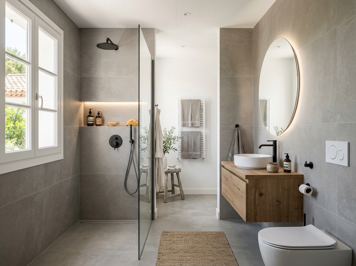 Baño con alicatado nuevo hasta techo en formato 60×120 gris cemento con nicho de ducha integrado