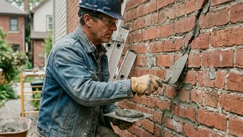Albañil reparando con mortero una grieta estructural en un muro de ladrillo