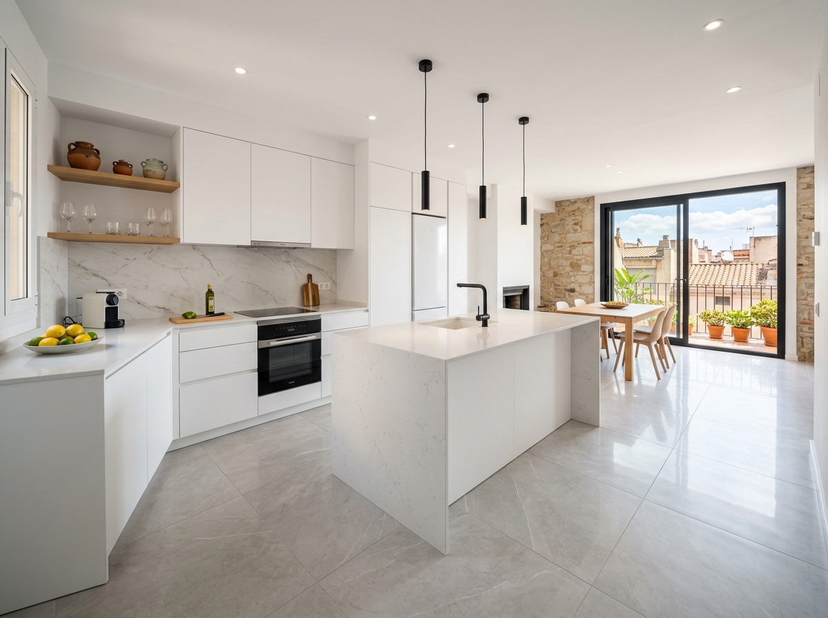 Cocina y baño terminados tras la reforma integral, solado porcelánico continuo y cocina abierta moderna
