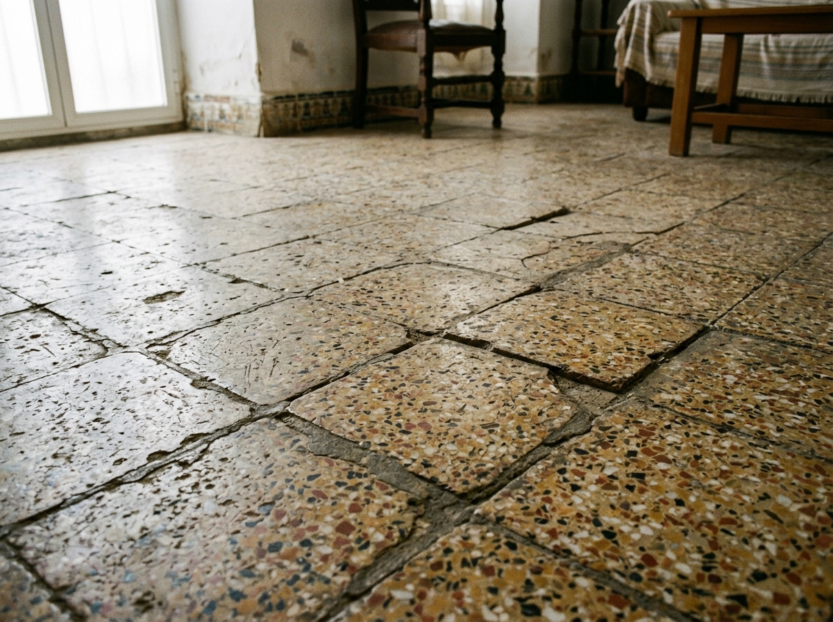 Suelo de terrazo desgastado del salón antes de la reforma, con juntas irregulares y baldosas sueltas